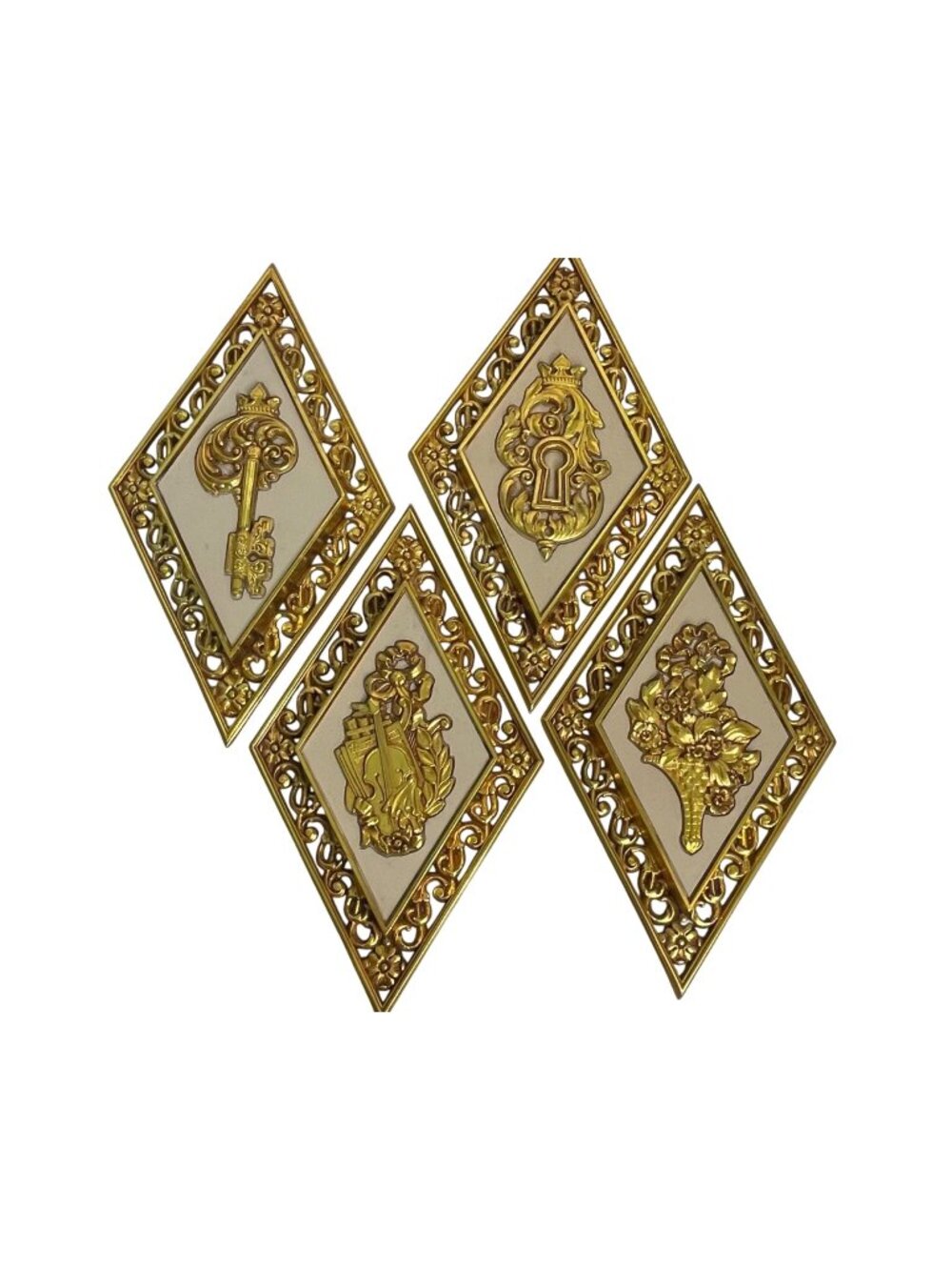 Vintage MCM Dart Industries 4271 Diamond Wall Plaques Gold Cream Set of 4 - 14"